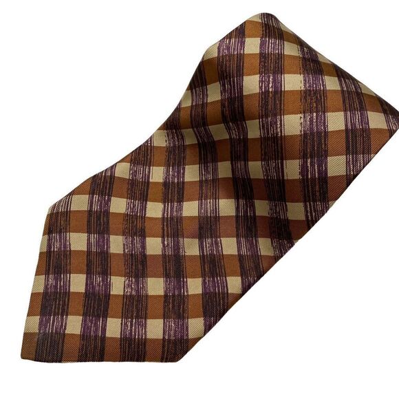 Pierre Cardin Tie Men's Necktie Check Plaid Brown Beige Maroon Classic Retro - Picture 1 of 7